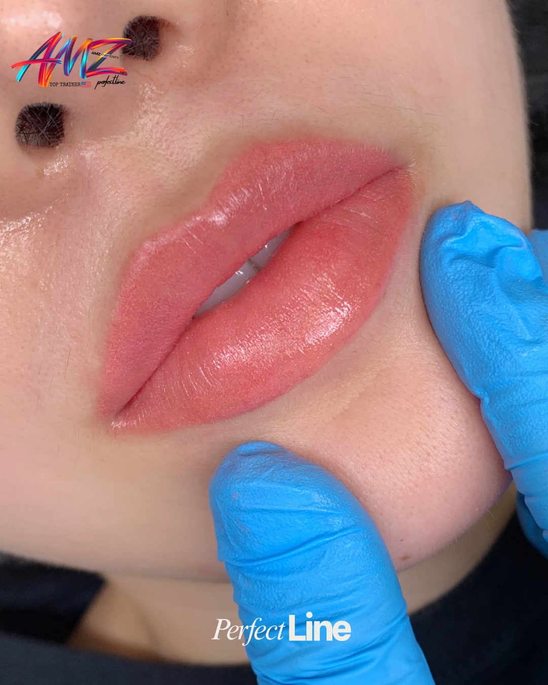 Close-up of healed lip blush showing an evenly balanced upper and lower lip